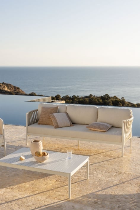 Conjunto de jardín con sofá de 3 plazas en tela bouclé y mesa de centro rectangular 120x70 cm en aluminio Sereilen