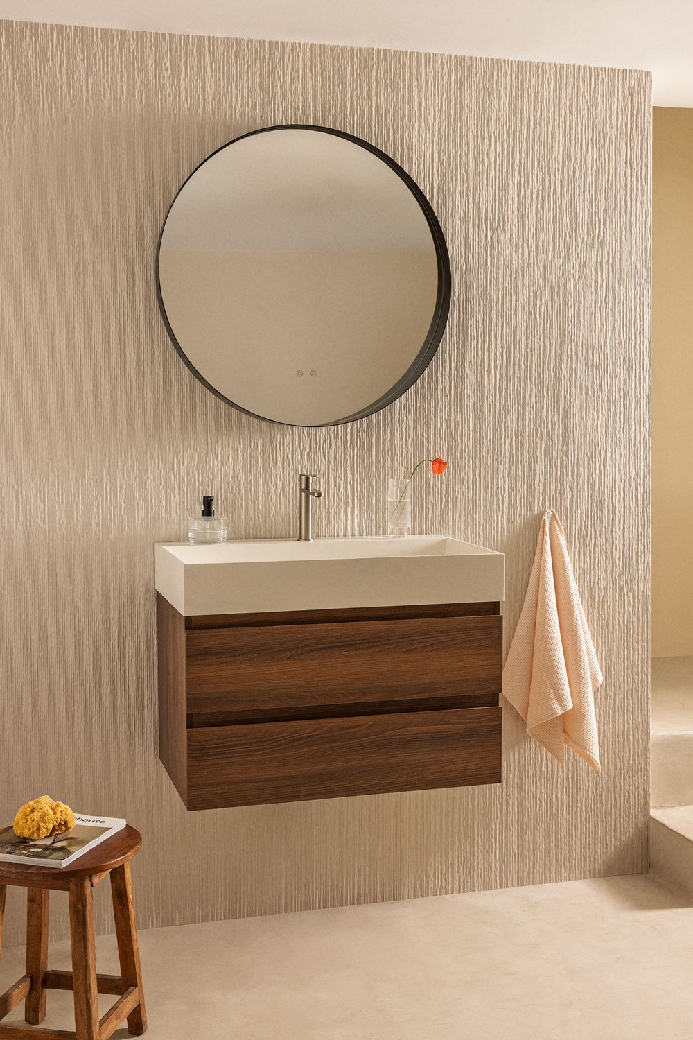 Conjunto de mueble de baño en madera y chapa de fresno con lavabo integrado Ona, imagen de galería 1