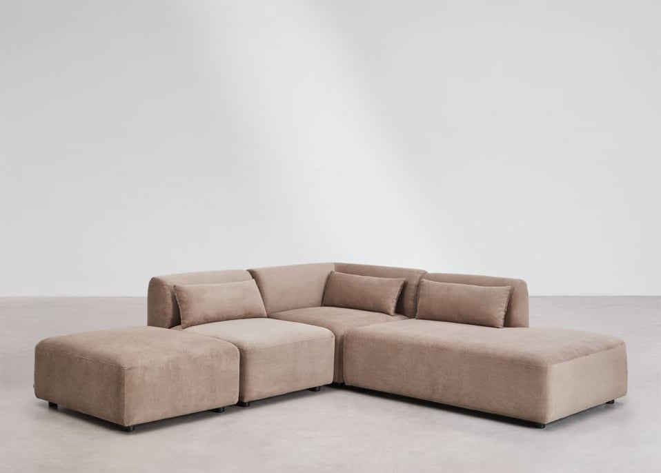 Sofá modular esquinero de 3 piezas con diván derecho y puff Fogler - Pana Marrón Camel