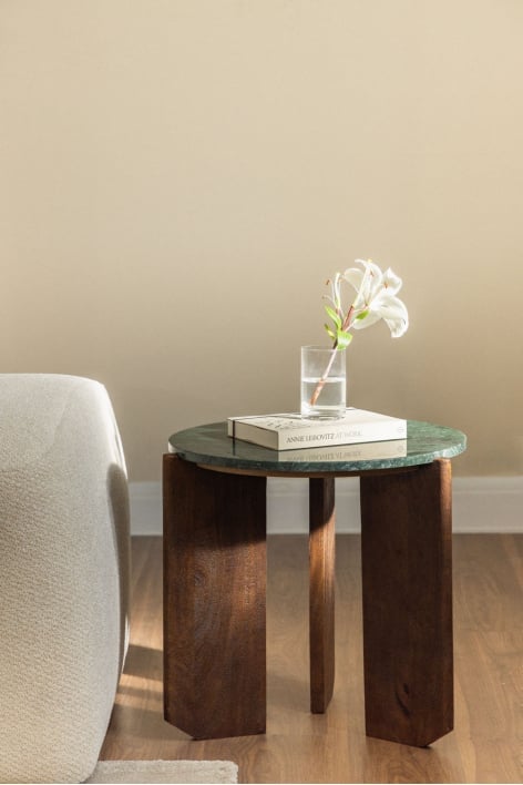 Mesa auxiliar redonda Ø50 cm en piedra natural y madera de mango Lavinia