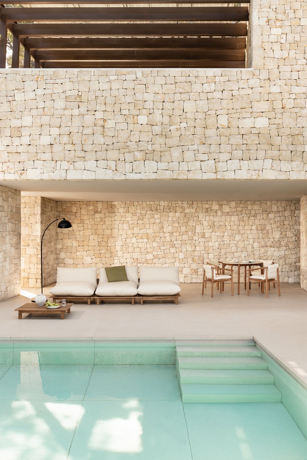 Conjunto de jardín con sofá modular reclinable de 3 piezas y mesa de centro en madera de acacia Brina, imagen de galer&iacute;a 1
