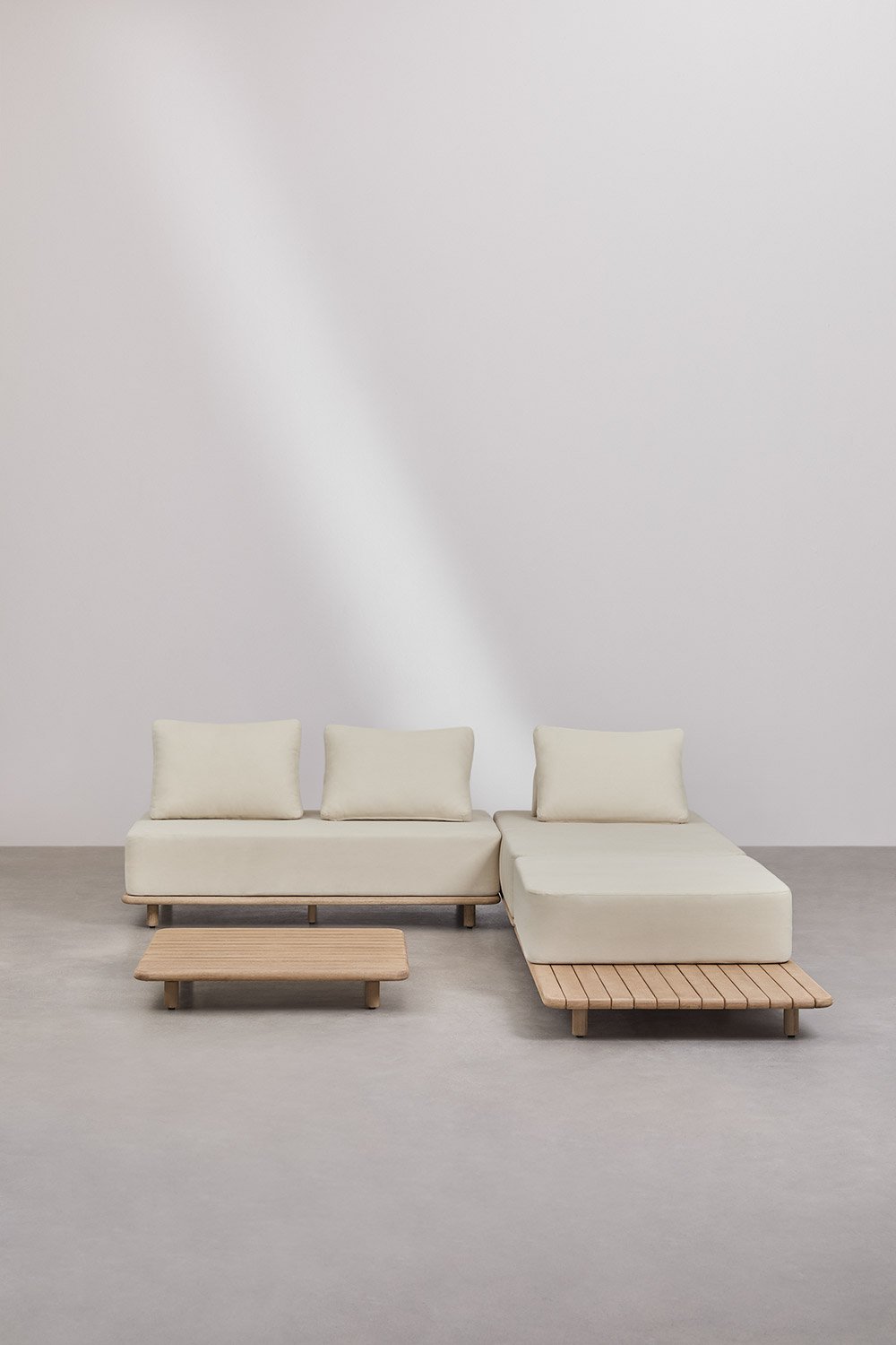 Conjunto de jardín con sofá modular chaise longue de 3 piezas con mesa auxiliar y mesa de centro 95x95 cm en acacia Portet, imagen de galería 4