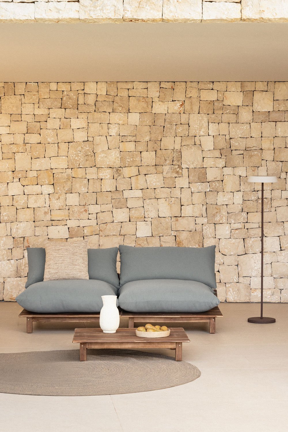 Conjunto de jardín con sofá modular reclinable de 2 piezas y mesa de centro en madera de acacia Brina, imagen de galería 1