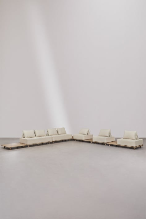 Conjunto de salón con sofá modular rinconera de 5 piezas con mesas auxiliares en acacia Portet
