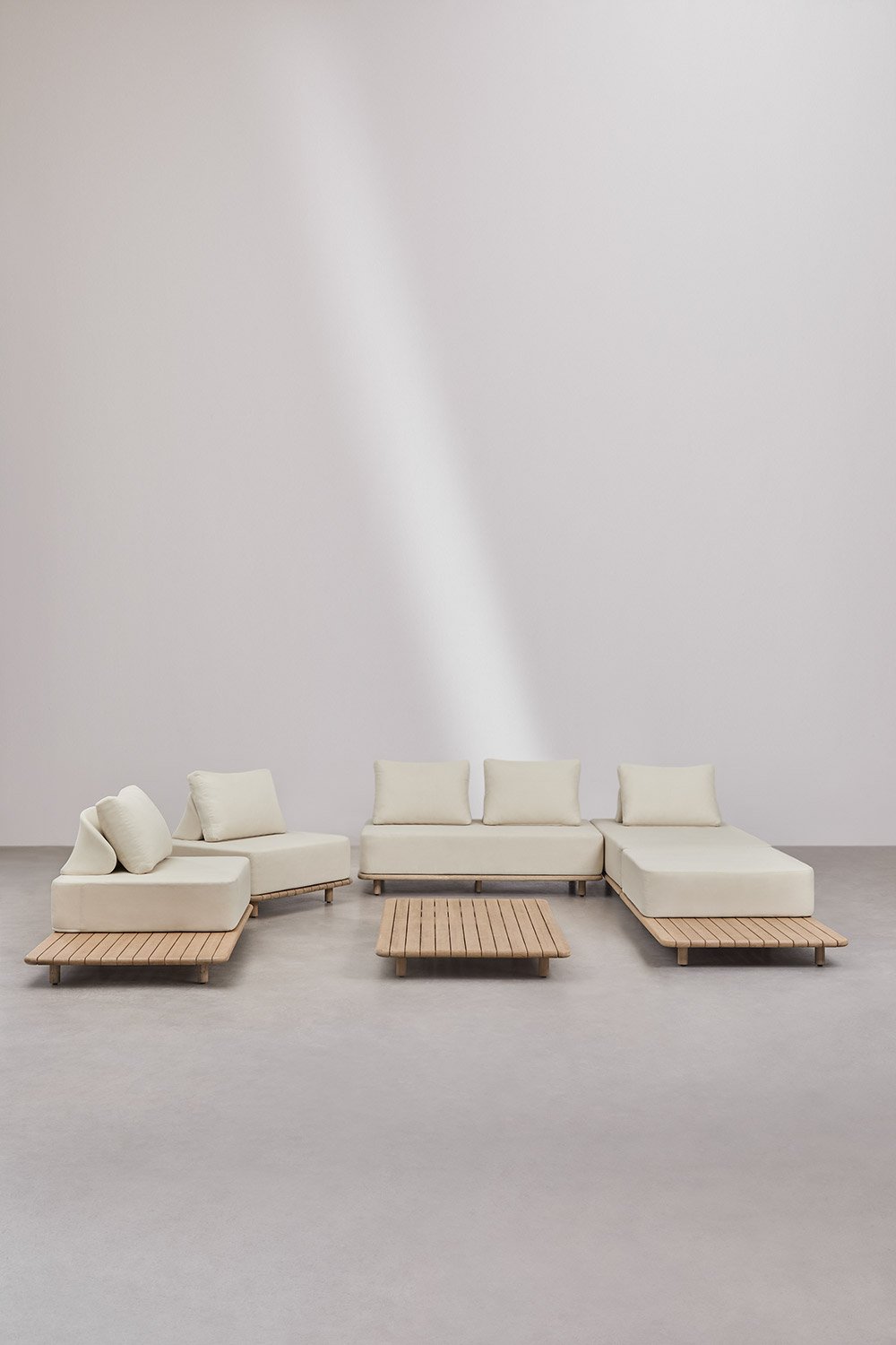 Conjunto de jardín con sofá modular chaise longue 3 piezas,mesa auxiliar,2 sillones y mesa de centro 160x95 cm en acacia Portet, imagen de galería 4