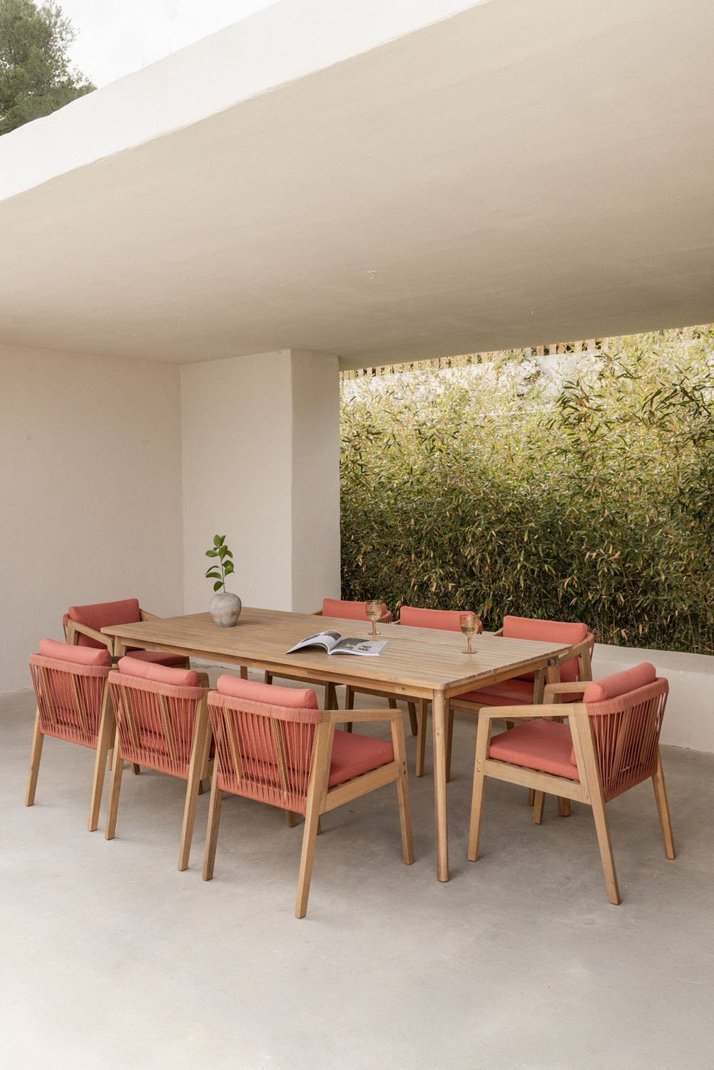 Set de mesa rectangular 220x100 cm y 8 sillas de jardín en madera de acacia y cuerda trenzada Kaela, imagen de galería 1