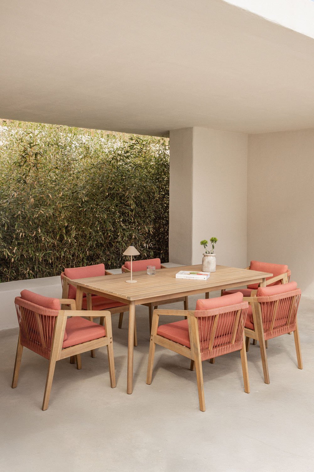 Set de mesa rectangular 180x90 cm y 6 sillas de jardín en madera de acacia y cuerda trenzada Kaela, imagen de galería 1
