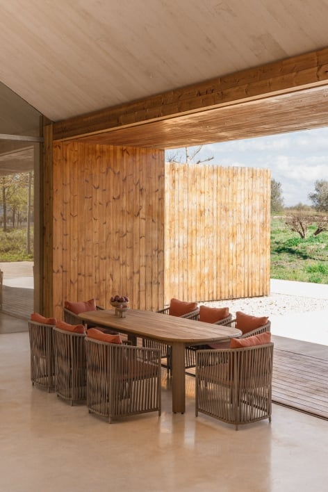 Set de mesa ovalada 240x100 cm en madera de acacia Uleno y 8 sillas de jardín en aluminio y cuerda trenzada Sophie