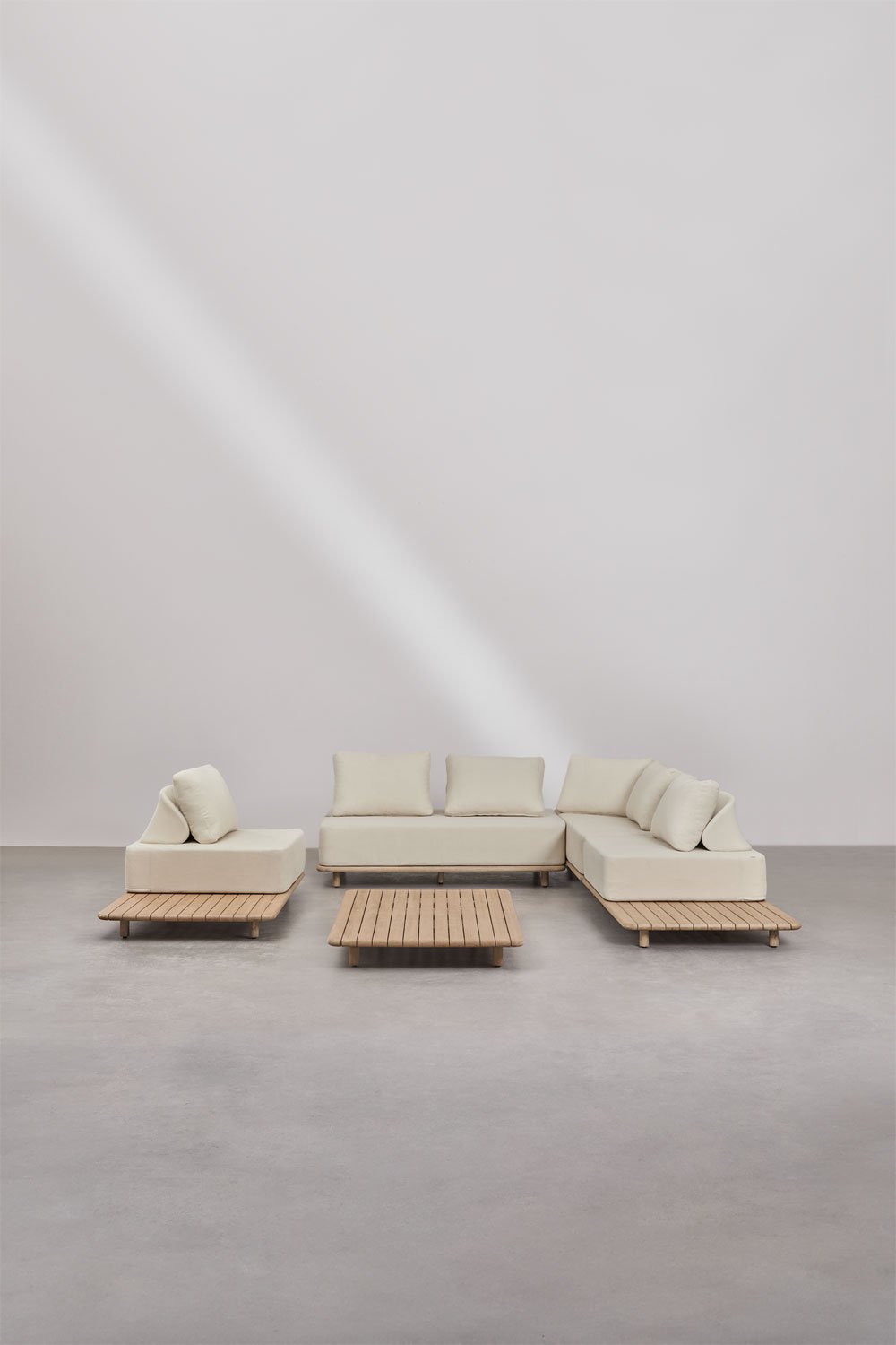 Conjunto de salón con sofá modular rinconera de 3 piezas con mesa auxiliar y mesa de centro 160x95 cm en acacia Portet, imagen de galería 2