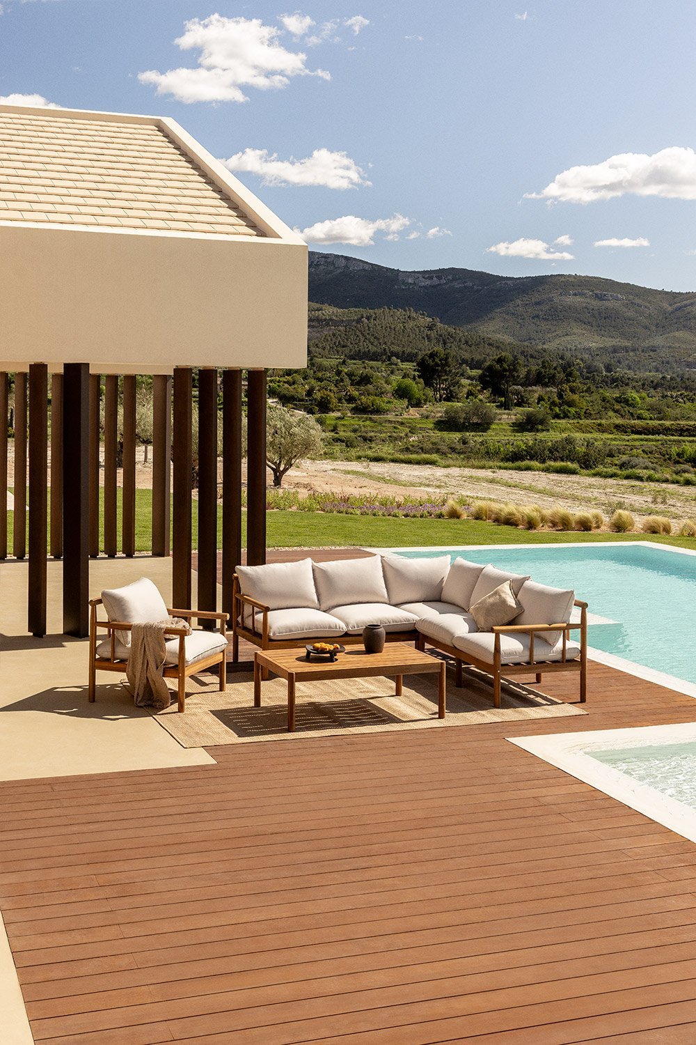 Conjunto de jardín con sofá rinconera de 5 plazas, sillón y mesa de centro en madera de acacia Melvin   , imagen de galería 1