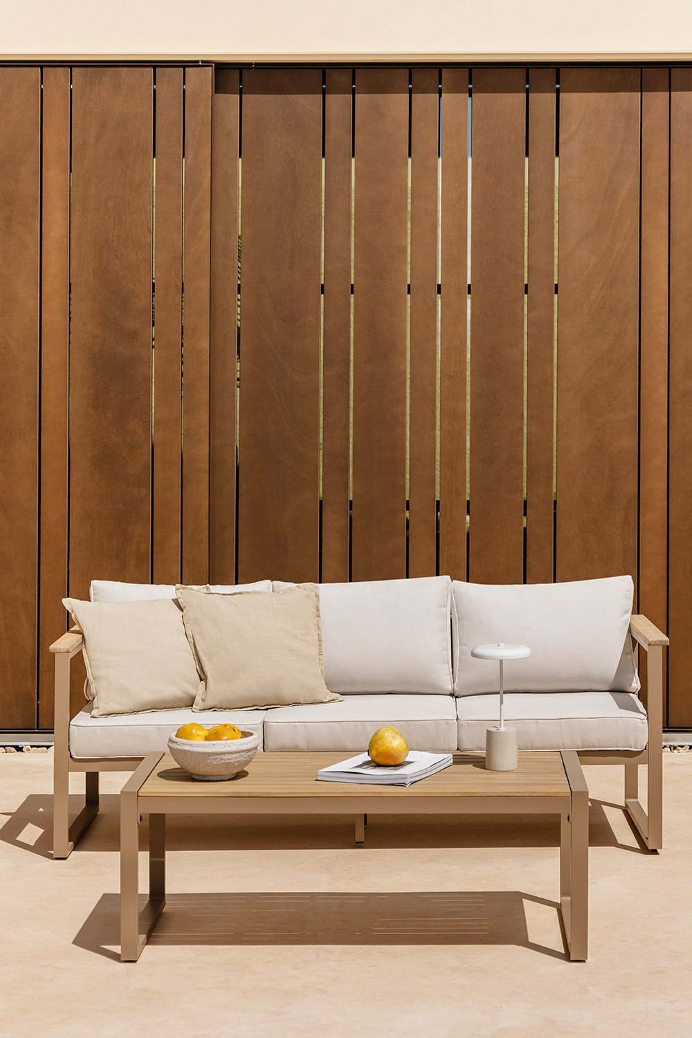 Conjunto de jardín con sofá de 3 plazas y mesa de centro en aluminio y madera de acacia 110x55cm Lipov  , imagen de galería 1