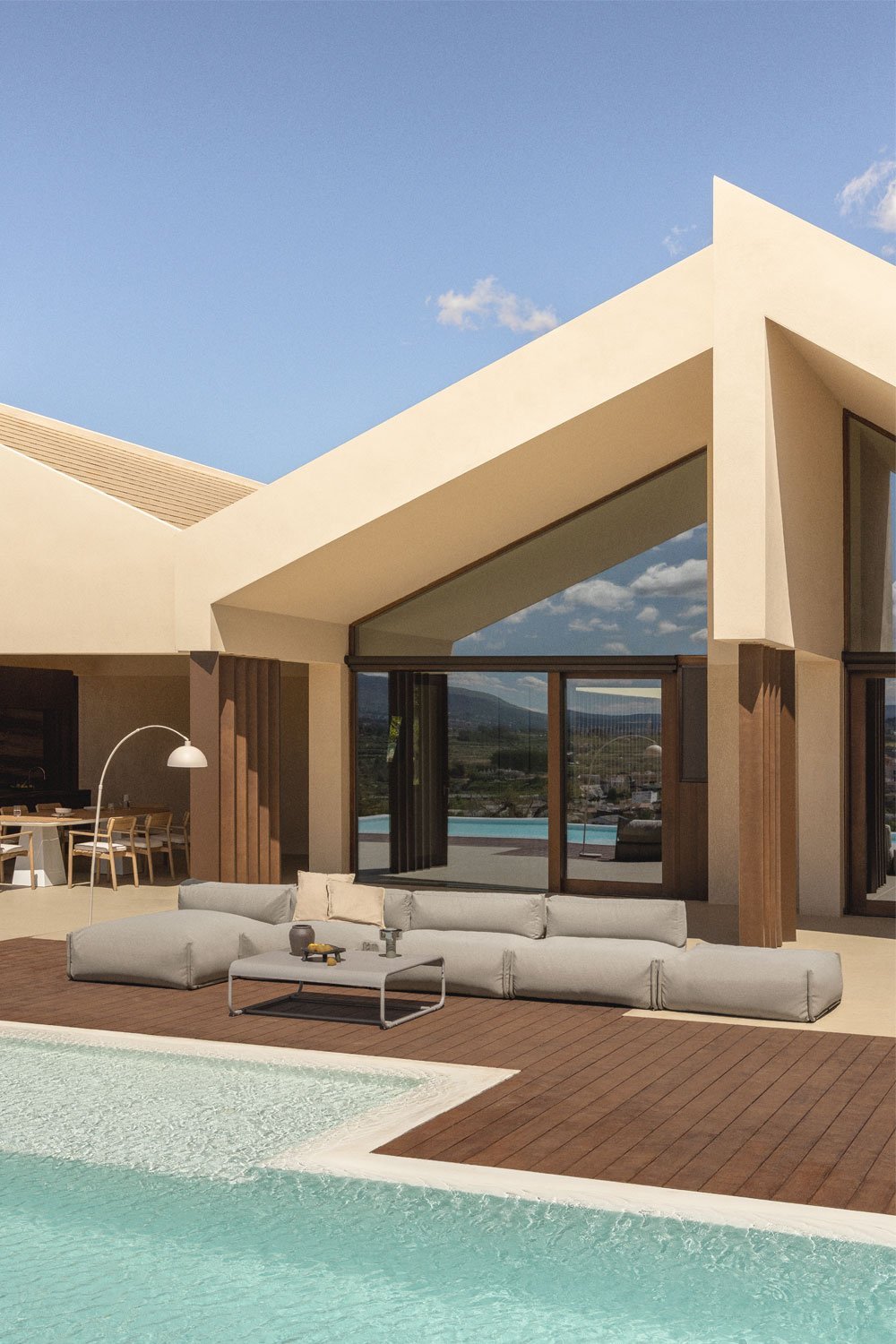 Sofá modular de jardín chaise longue de 4 piezas con puff y mesa de centro Oporto, imagen de galería 1