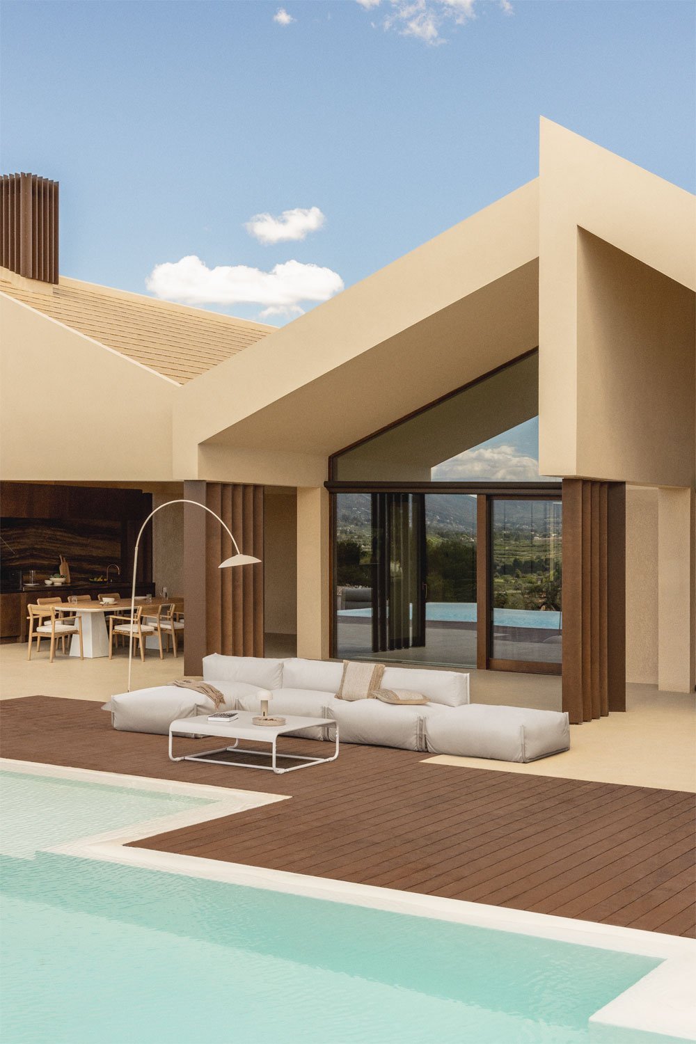 Conjunto de jardín con sofá modular chaise longue de 3 piezas, puff y mesa de centro Oporto, imagen de galería 1