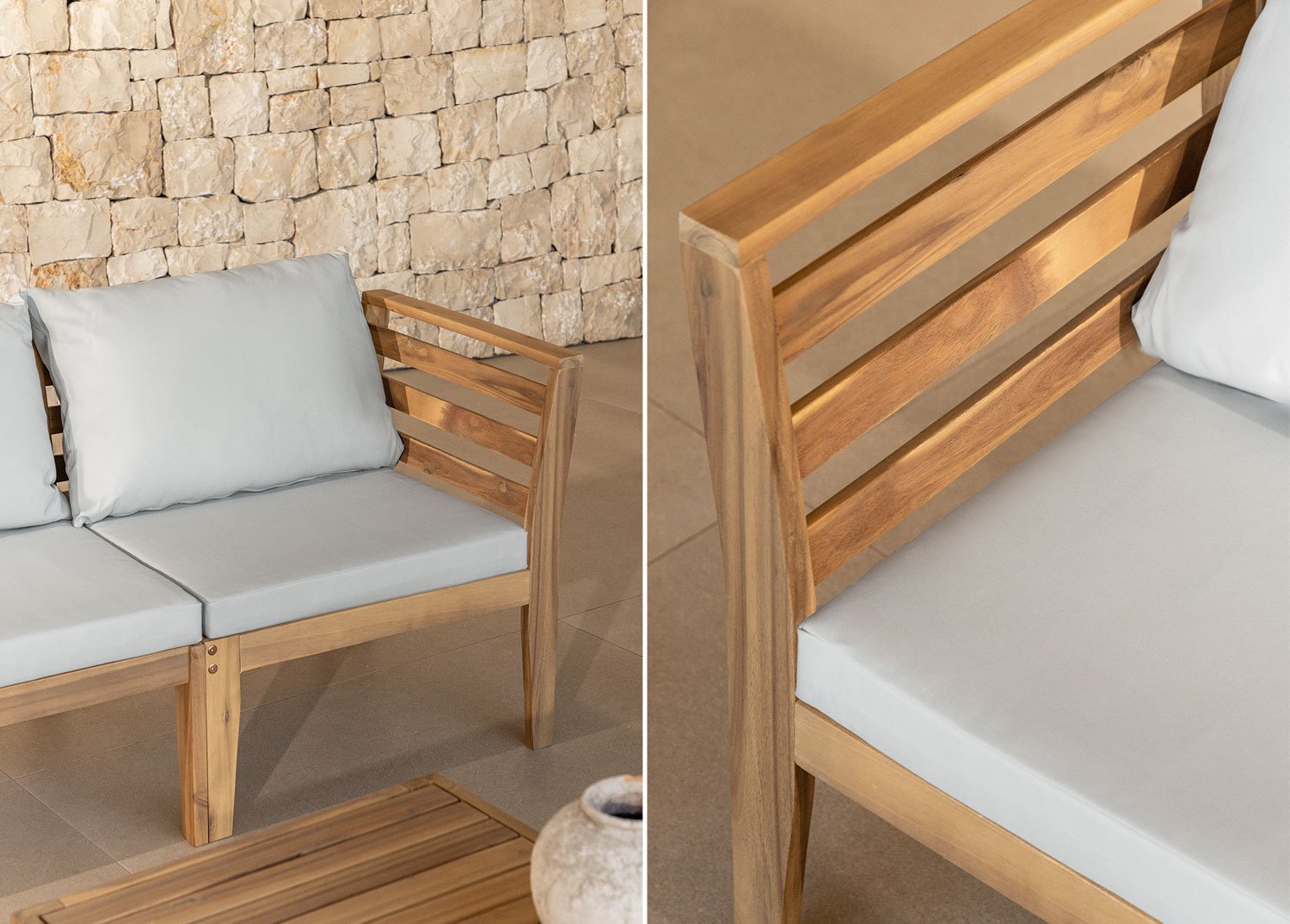 Módulo esquinero derecho para sofá modular de jardín en madera de acacia Filips, imagen de galería 1