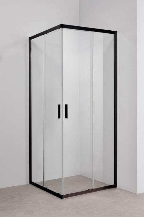 Mampara de ducha cuadrada 80x80x195 cm con puertas correderas, cristal templado transparente 6 mm y aluminio negro mate Brent