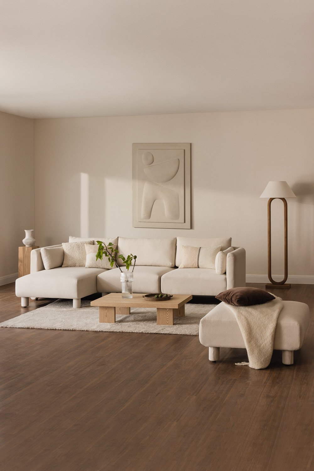 Sofá modular chaise longue izquierdo de 3 piezas y puff en tela bouclé Artemisa, imagen de galería 1