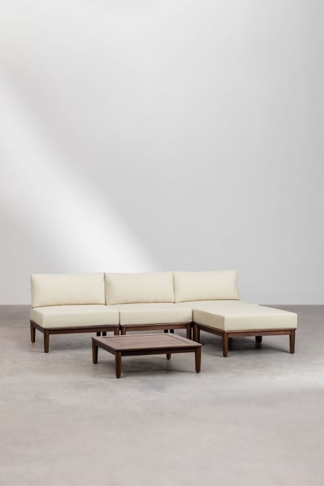Conjunto de salón con sofá modular de 3 piezas, mesa de centro y puff en acacia Giulia