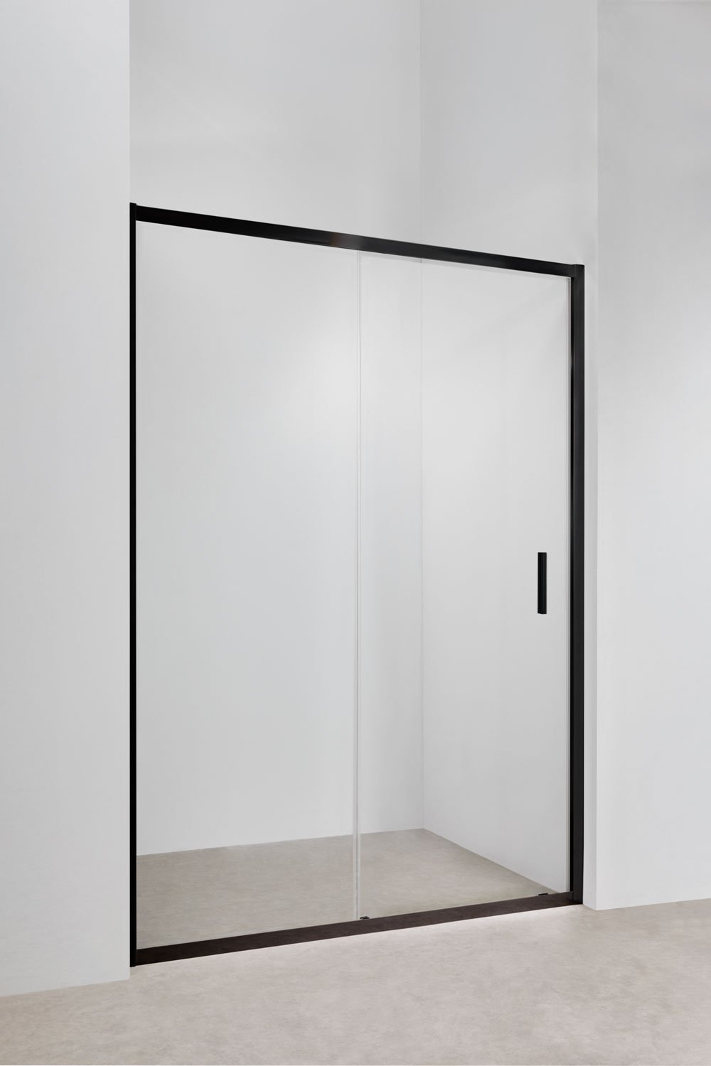 Mampara de ducha acceso frontal 140x195 cm con puerta corredera, cristal templado transparente 6 mm y aluminio negro mate Dover, imagen de galería 2