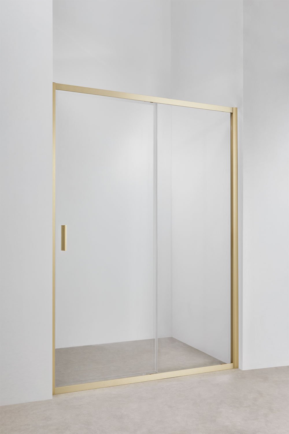 Mampara de ducha acceso frontal 140x195 cm con puerta corredera, cristal templado transparente 6 mm y aluminio dorado cepillado, imagen de galería 1