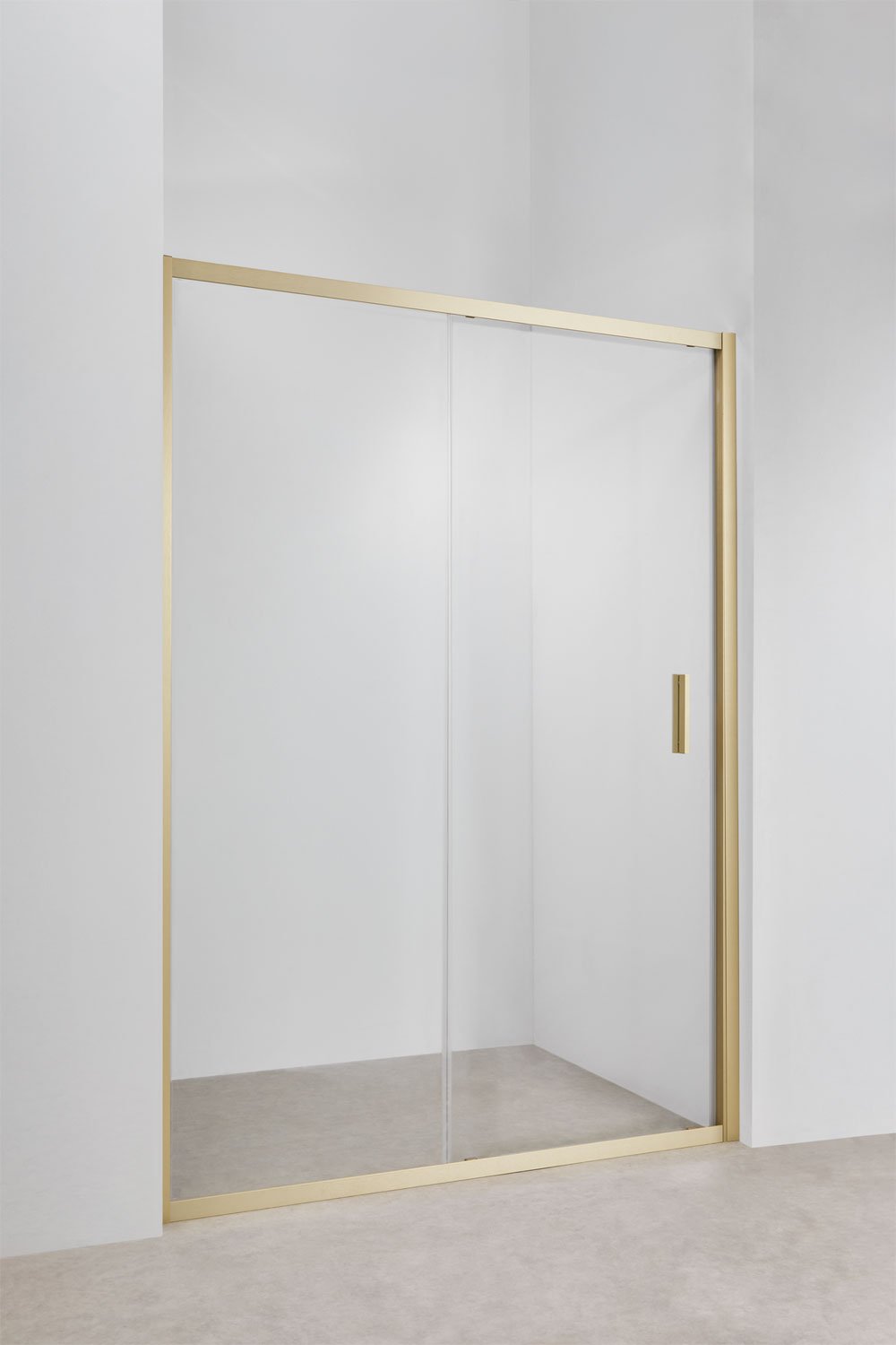 Mampara de ducha acceso frontal 140x195 cm con puerta corredera, cristal templado transparente 6 mm y aluminio dorado cepillado, imagen de galería 2