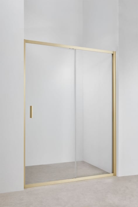 Mampara de ducha acceso frontal 150x195 cm con puerta corredera, cristal templado transparente 6 mm y aluminio dorado cepillado