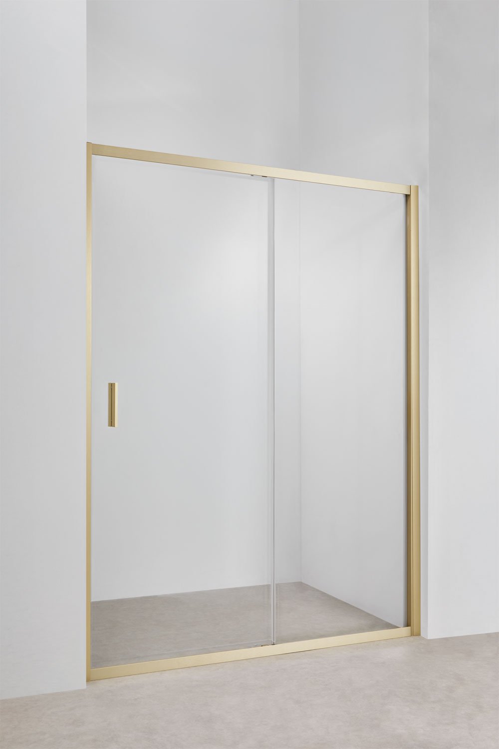 Mampara de ducha acceso frontal 150x195 cm con puerta corredera, cristal templado transparente 6 mm y aluminio dorado cepillado, imagen de galería 1