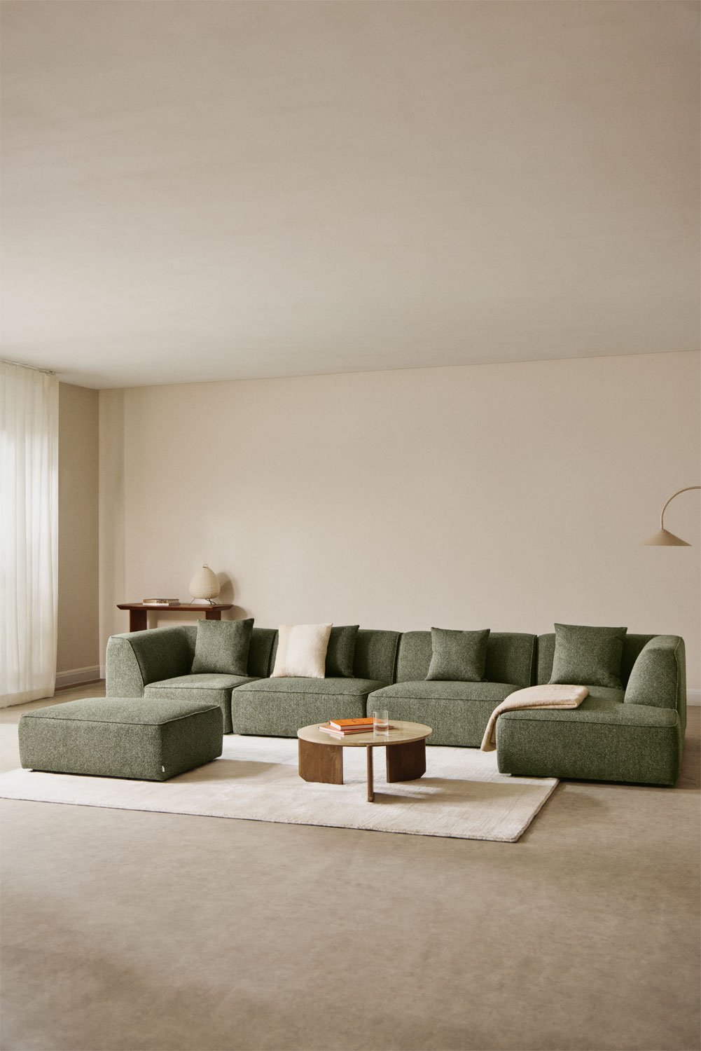 Sofá modular chaise longue derecho de 4 piezas con puff tapizado Cardea, imagen de galería 1
