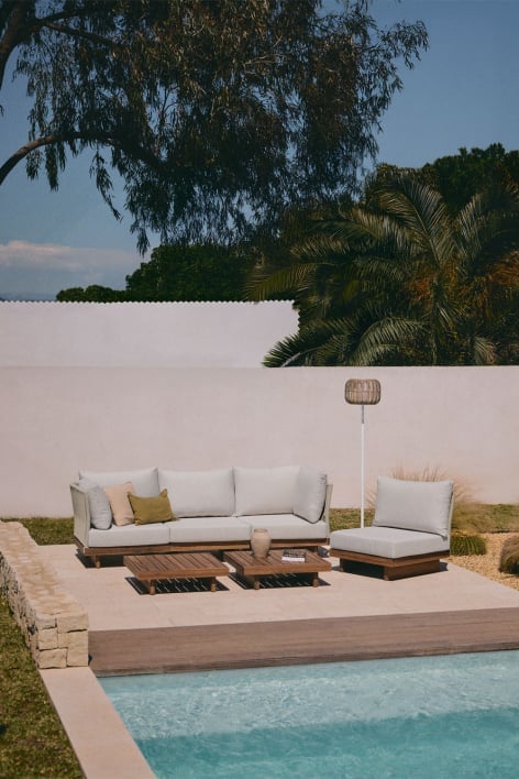 Conjunto de jardín con sofá modular rinconera de 4 piezas, mesa de centro y mesa auxiliar en madera de acacia Dailin
