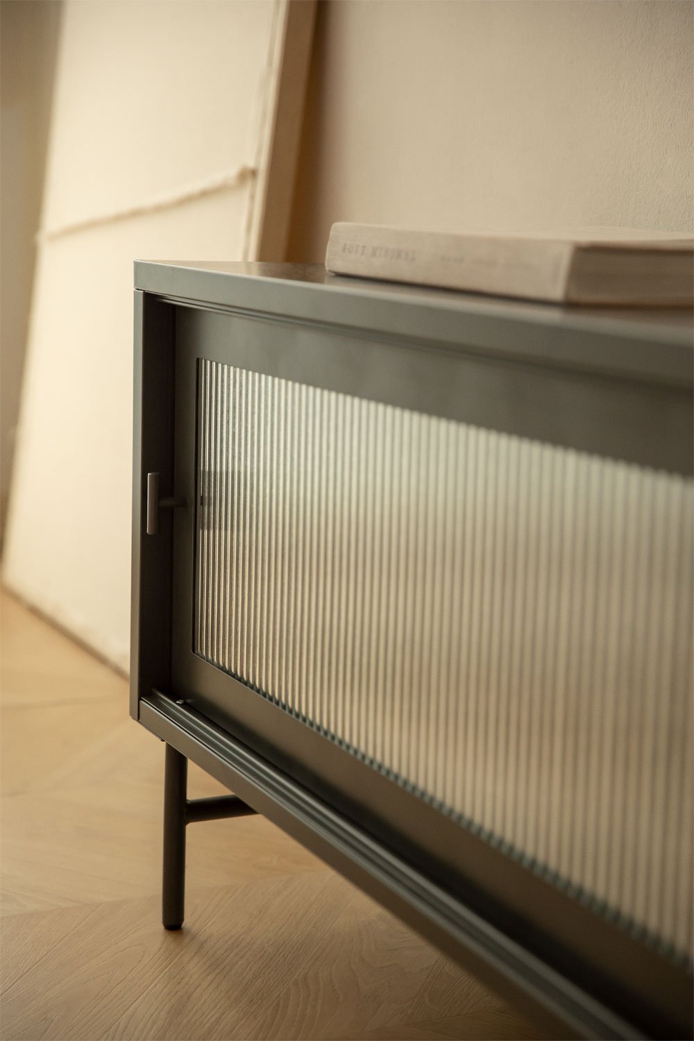 Mueble TV 180x40 cm en acero y cristal Paoline, imagen de galería 2