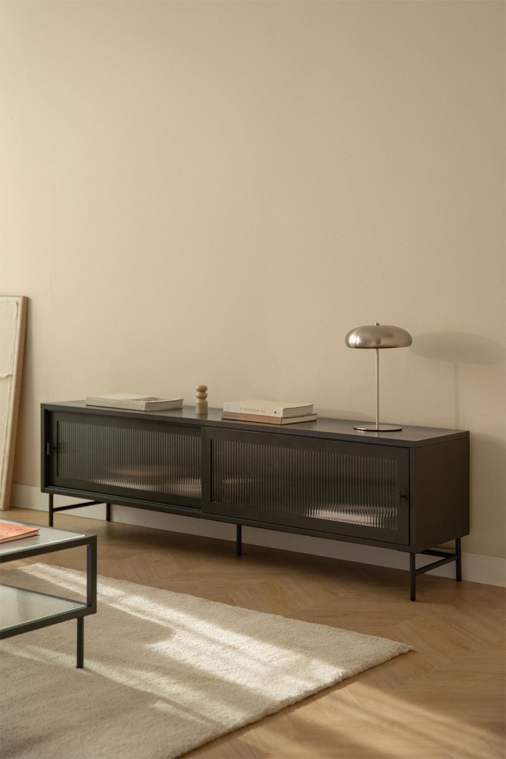 Mueble TV 180x40 cm en acero y cristal Paoline, imagen de galería 1