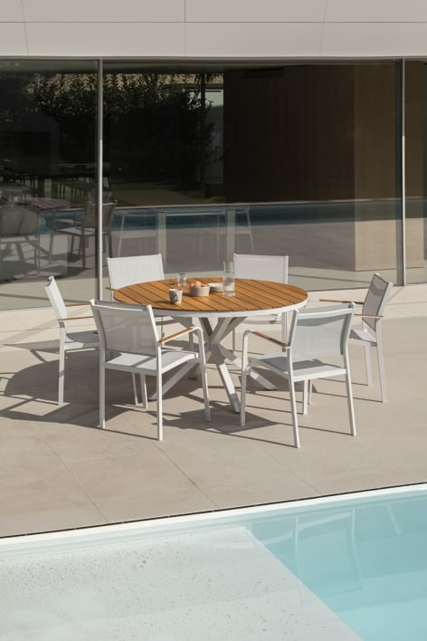 Mesa de jardín redonda en aluminio y madera de eucalipto Archer - Blanco Gardenia
