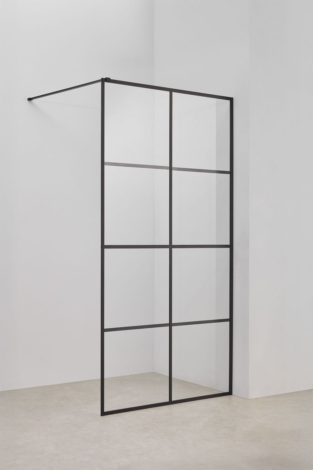 Mampara de ducha fija 90x195 cm con decorado de cuadros, cristal templado transparente 8 mm y aluminio negro mate Camden, imagen de galería 1