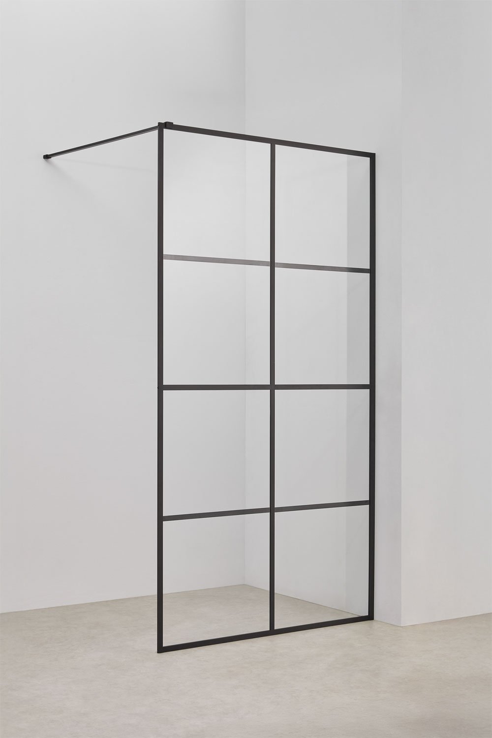 Mampara de ducha fija 100x195 cm con decorado de cuadros, cristal templado transparente 8 mm y aluminio negro mate Camden, imagen de galería 1