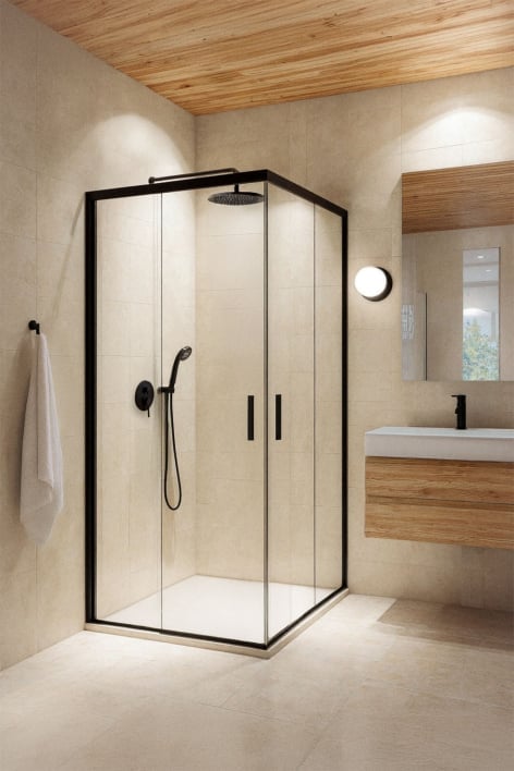 Mampara de ducha cuadrada 90x90x195 cm con puertas correderas, cristal templado transparente 6 mm y aluminio negro mate Brent
