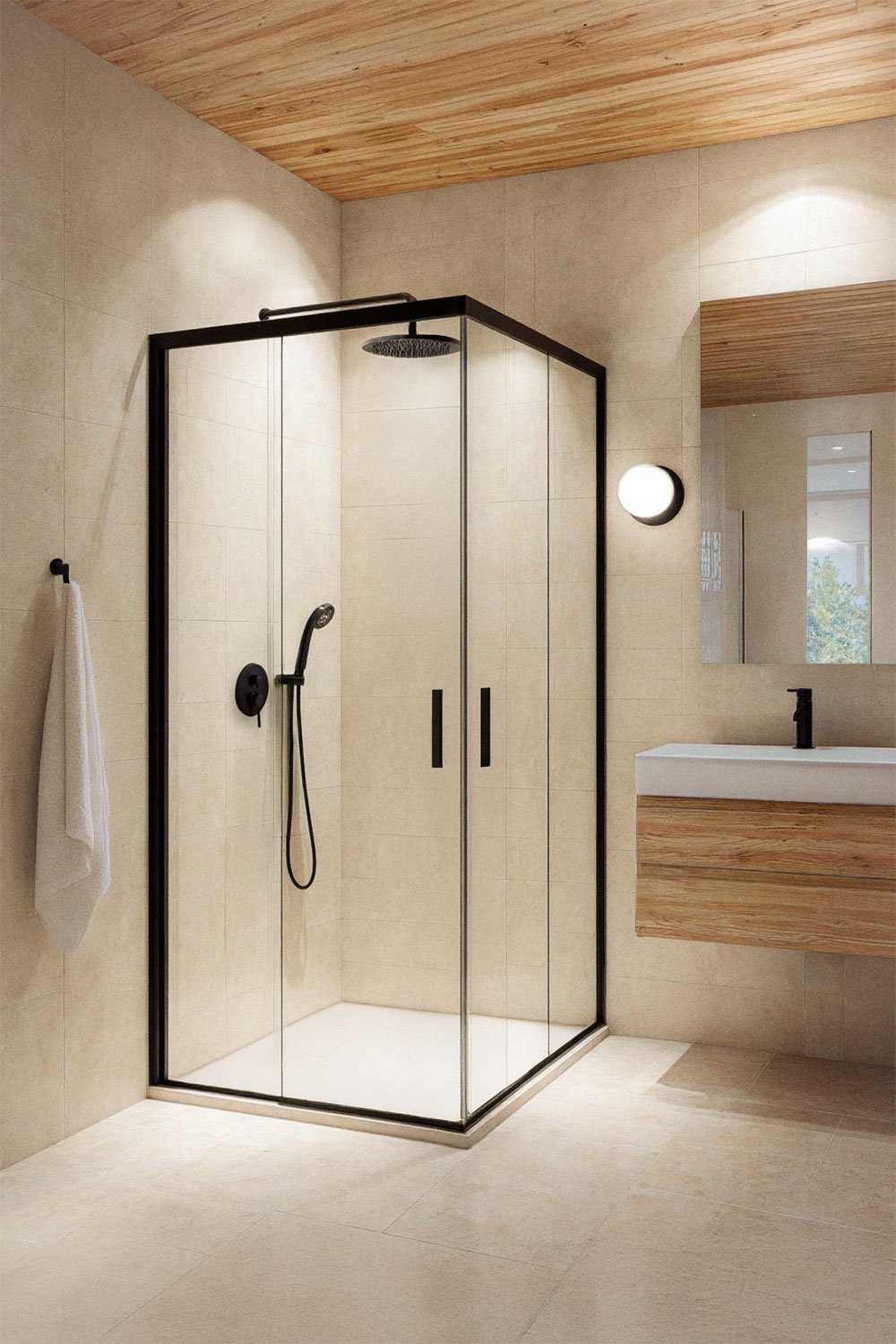 Mampara de ducha cuadrada 90x90x195 cm con puertas correderas, cristal templado transparente 6 mm y aluminio negro mate Brent, imagen de galería 1