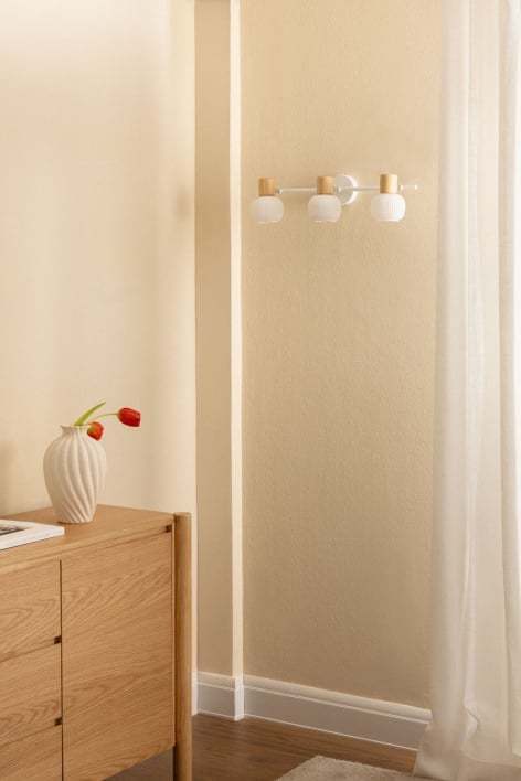 Lámpara de pared con 3 puntos de luz en hierro, madera de caucho y cristal Ekaizy