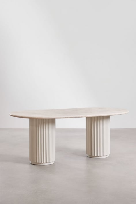Mesa de comedor ovalada 200x100 cm en travertino y madera de mango Giselda - Travertino