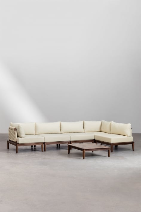 Conjunto de salón con sofá modular rinconera de 5 piezas y mesa de centro en acacia Giulia