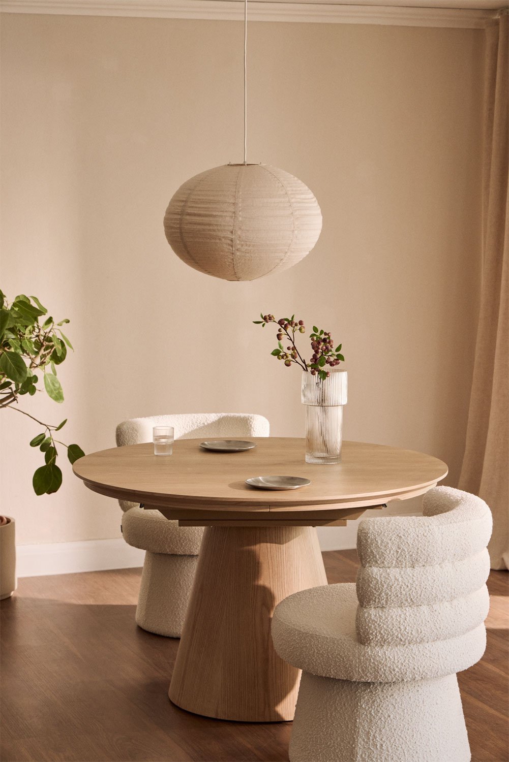 Mesa de comedor redonda 120-160x120 cm extensible en MDF y chapa de roble Montana, imagen de galería 1