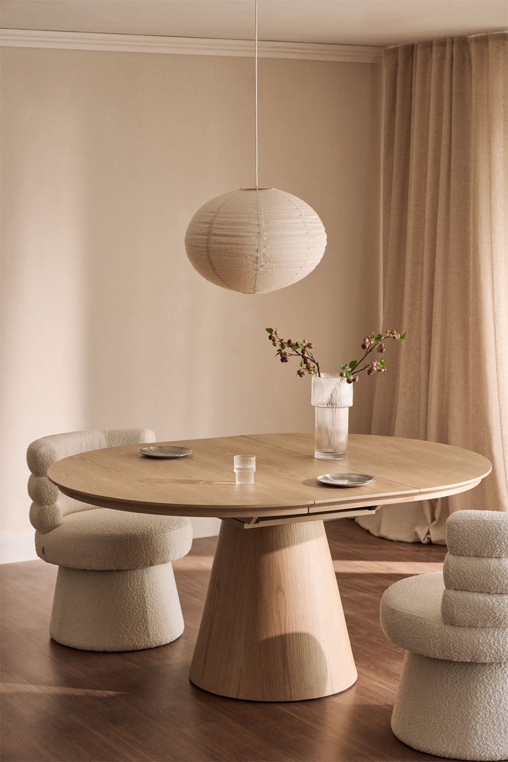 Mesa de comedor redonda 120-160x120 cm extensible en MDF y chapa de roble Montana, imagen de galería 2