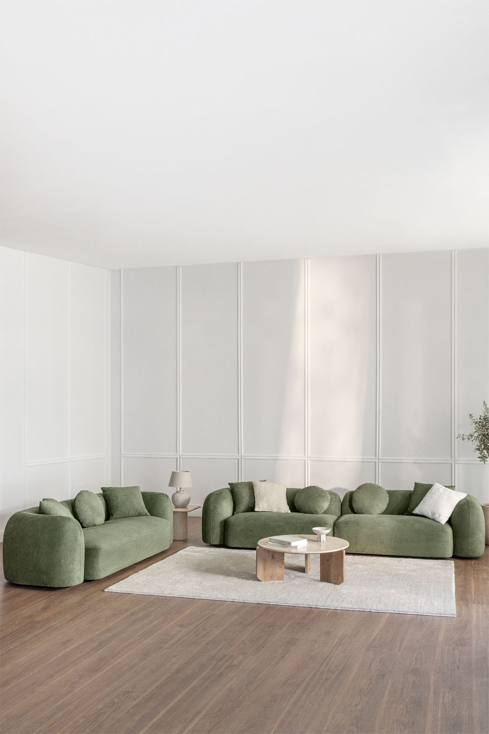 Conjunto de salón con sofá modular de 2 piezas y sofá de 3 plazas en chenilla Coco, imagen de galería 1