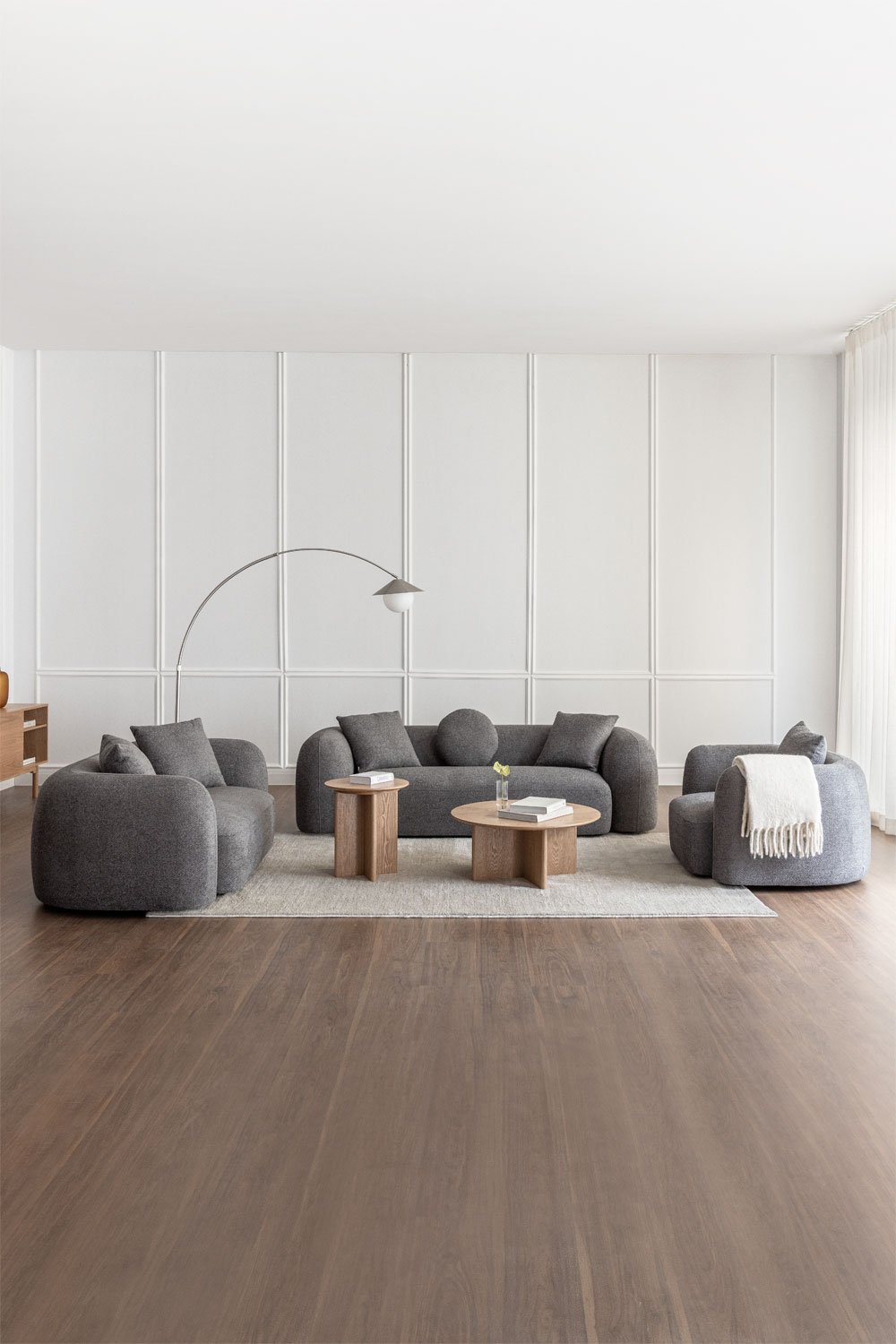 Conjunto de salón con sofá modular de 3 plazas, sofá de 2 plazas y sillón en chenilla Coco, imagen de galería 1