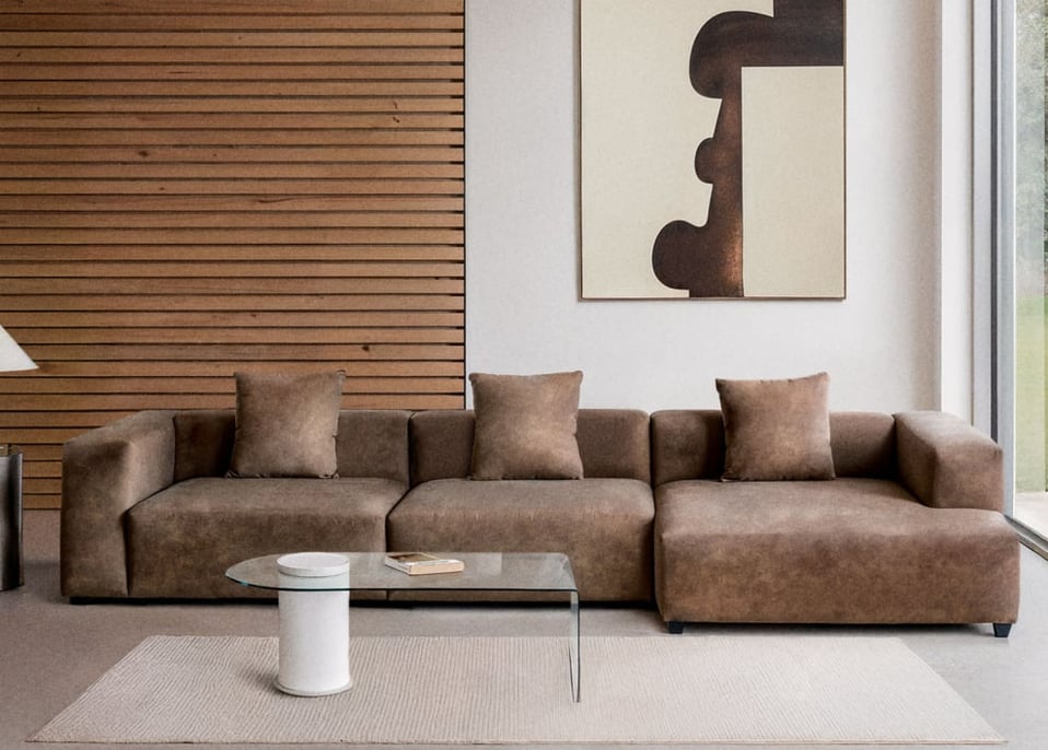 Sofá modular chaise longue derecho de 3 piezas ↔︎375 cm con reposabrazos alto Bruna - Antelina Marrón Café