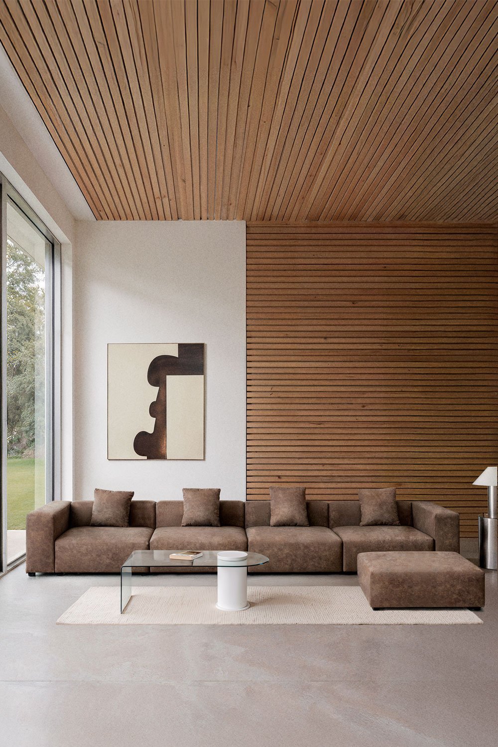 Sofá modular de 4 piezas con reposabrazos alto y puff (↔︎480 cm) Bruna, imagen de galería 1