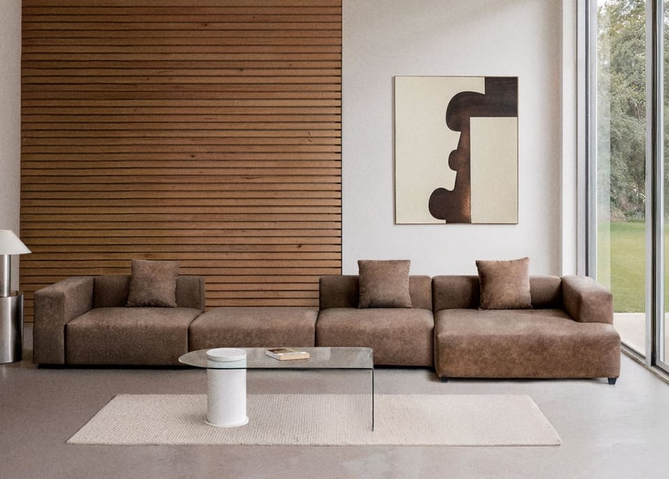 Sofá modular chaise longue derecho de 3 piezas con reposabrazos alto y puff ↔︎480 cm Bruna