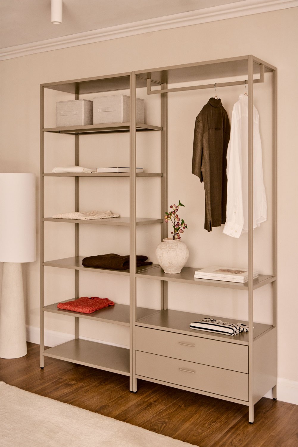 Armario modular abierto de 2 piezas con cajones y estantería en acero Janine, imagen de galería 1
