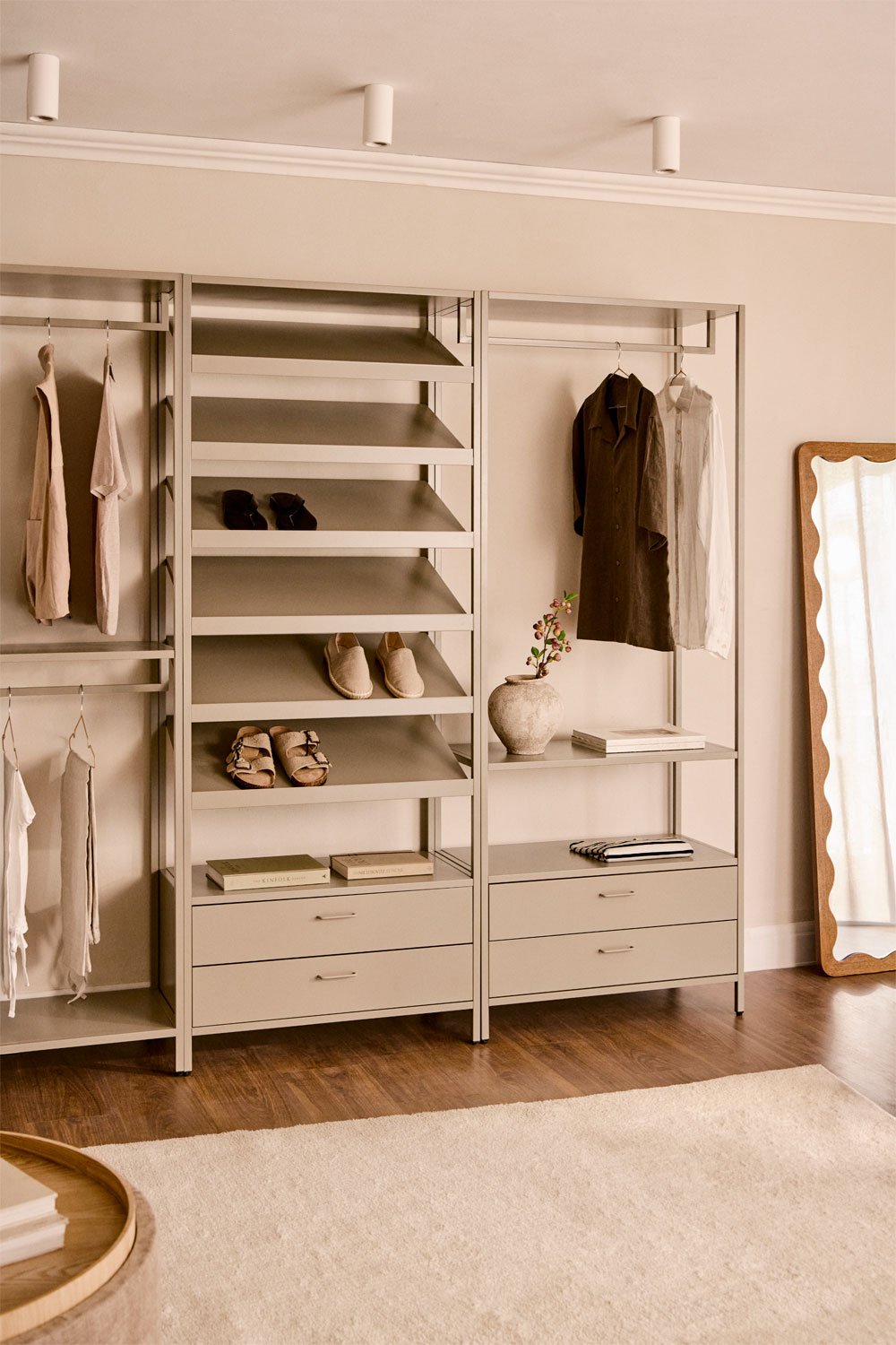 Armario modular abierto de 2 piezas con cajones y zapatero en acero Janine, imagen de galería 1
