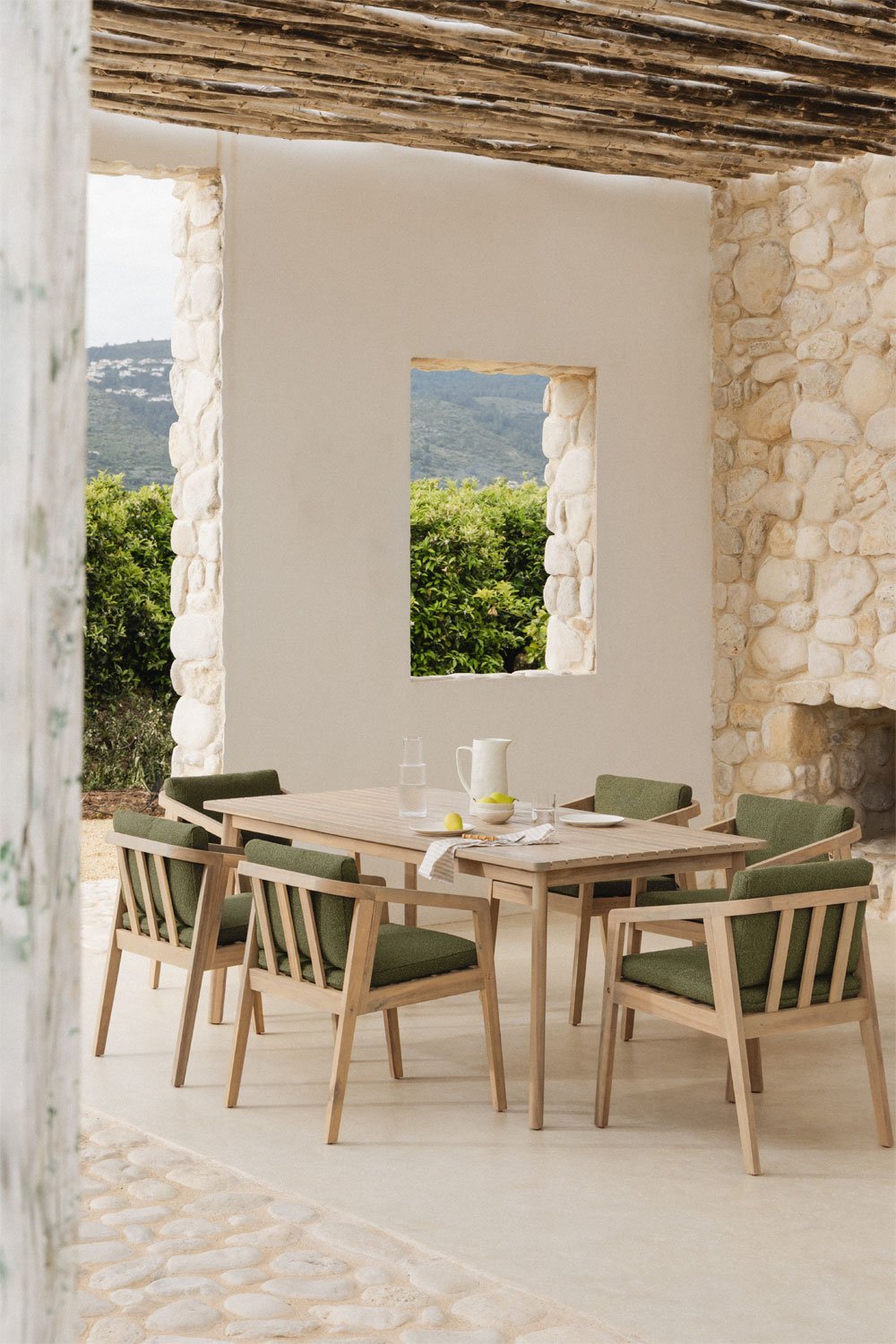 Set de mesa rectangular 180x90 cm y 6 sillas de jardín en madera de acacia Kaela, imagen de galería 1