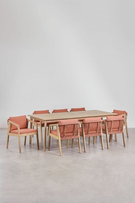 Set de mesa rectangular 220x100 cm y 8 sillas de comedor en madera de acacia y cuerda trenzada Kaela