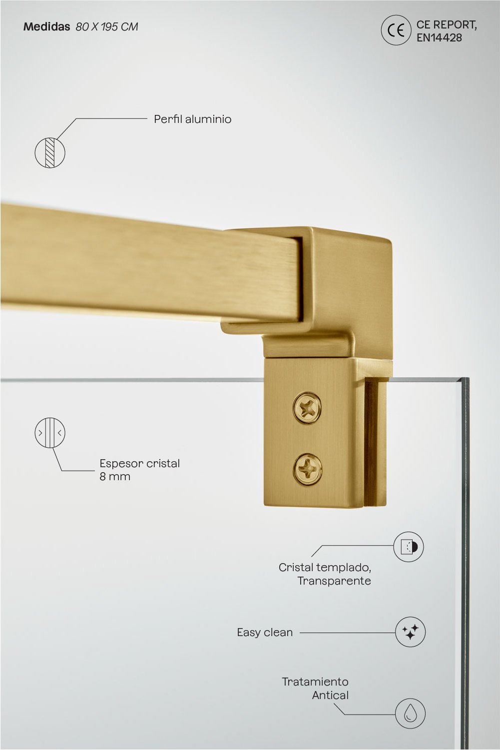 Mampara de ducha fija 80x195 cm con cristal templado transparente 8 mm y aluminio dorado cepillado Bristol, imagen de galer&iacute;a 3